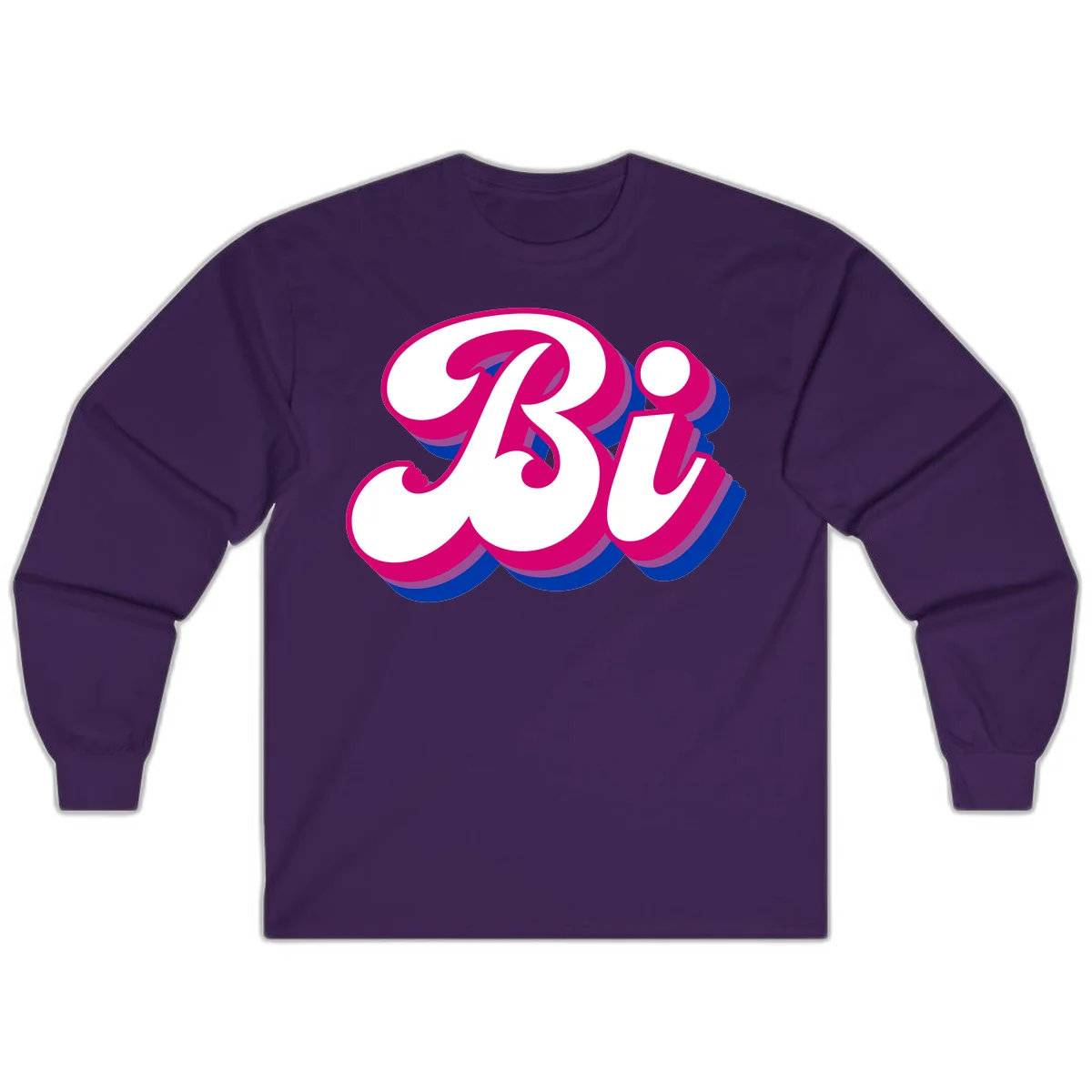 Bold pride dimensional letters design with hot pink, navy blue, and purple 3D layered typography effect in Purple