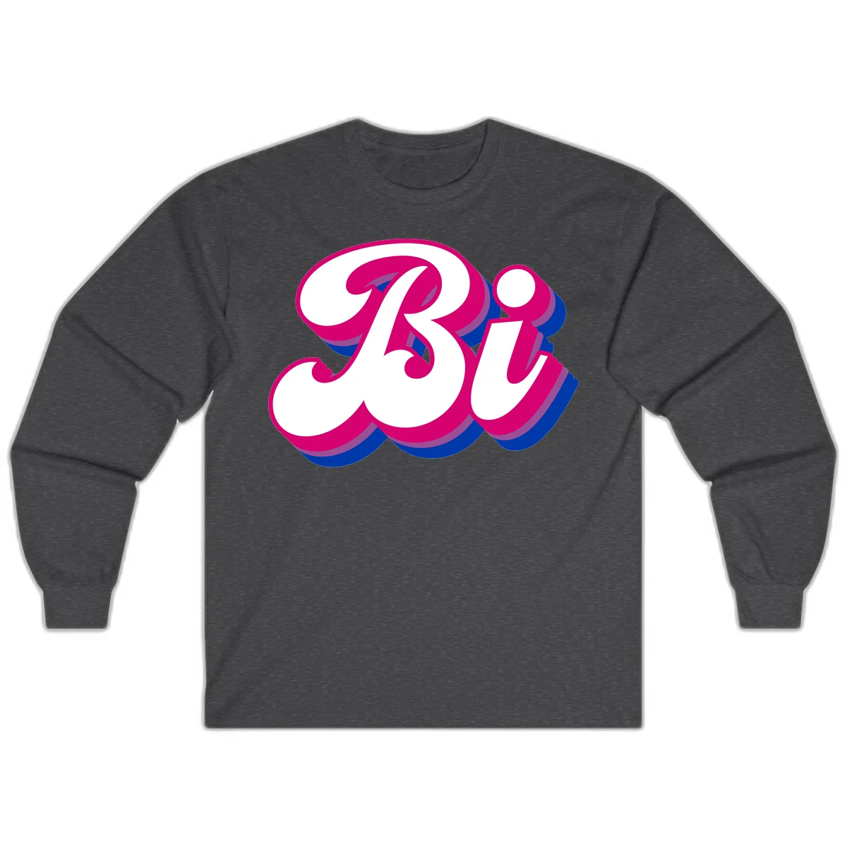 Bold pride dimensional letters design with hot pink, navy blue, and purple 3D layered typography effect in Dark Heather