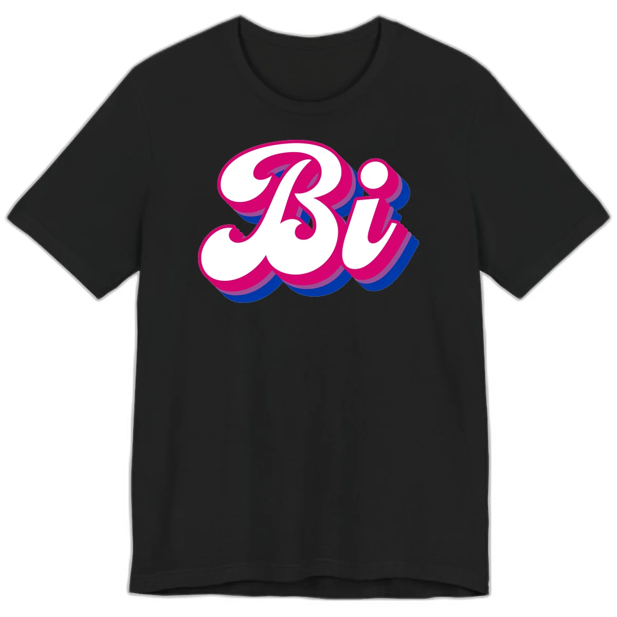 Bold pride dimensional letters design with hot pink, navy blue, and purple 3D layered typography effect in Black