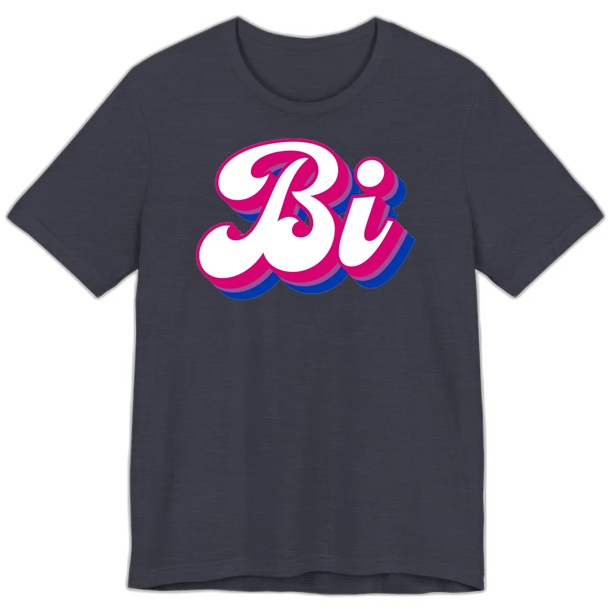 Bold pride dimensional letters design with hot pink, navy blue, and purple 3D layered typography effect in Heather Midnight Navy