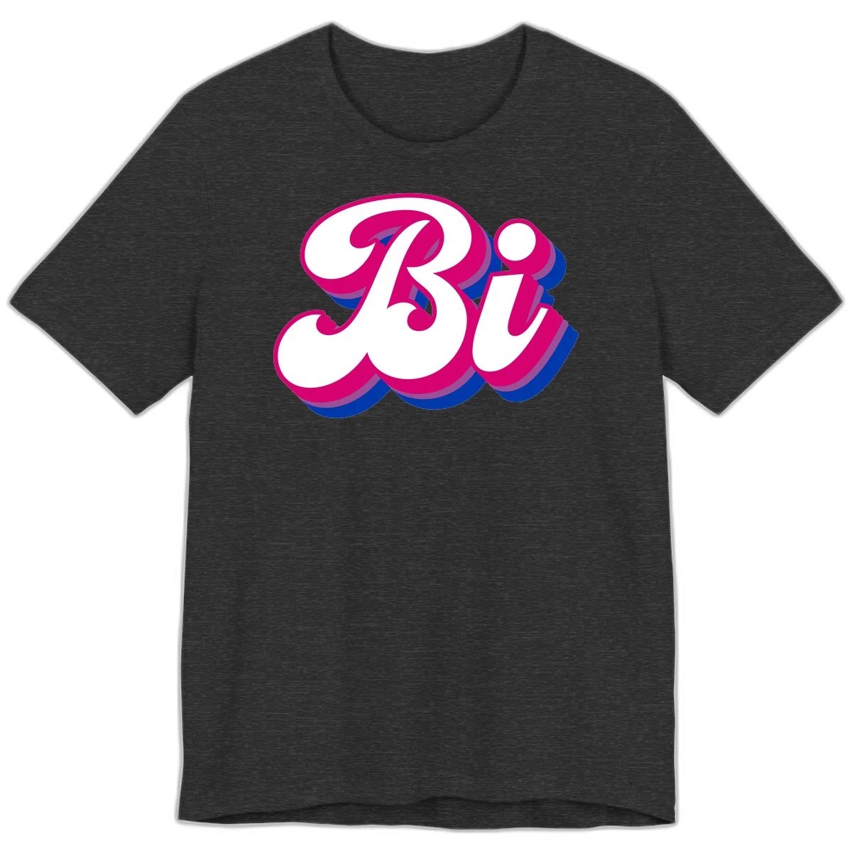 Bold pride dimensional letters design with hot pink, navy blue, and purple 3D layered typography effect in Dark Grey Heather