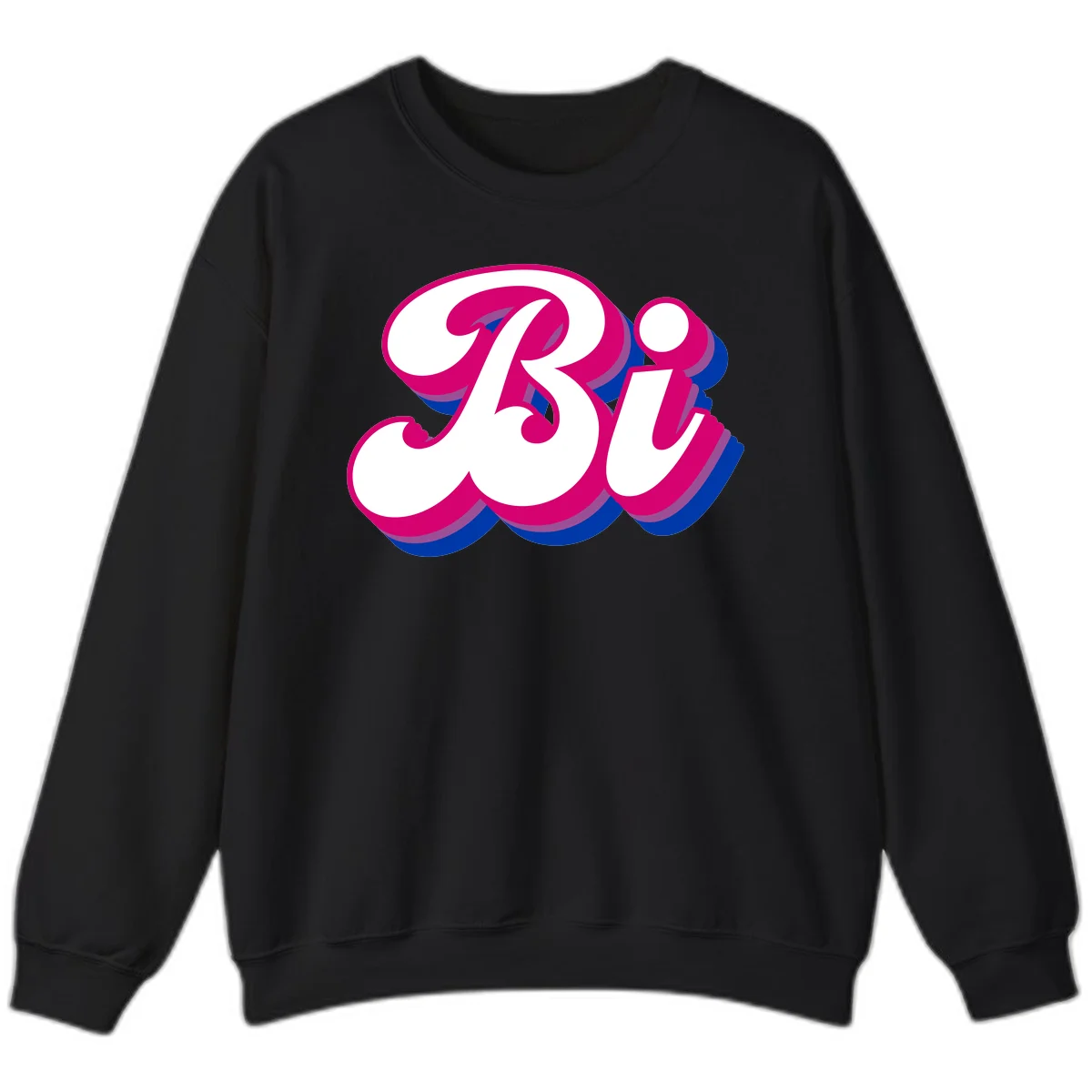 Bold pride dimensional letters design with hot pink, navy blue, and purple 3D layered typography effect in Black