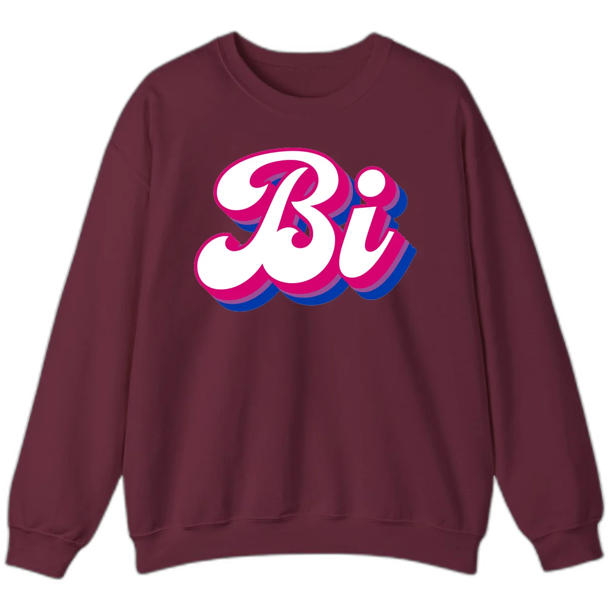 Bold pride dimensional letters design with hot pink, navy blue, and purple 3D layered typography effect in Maroon