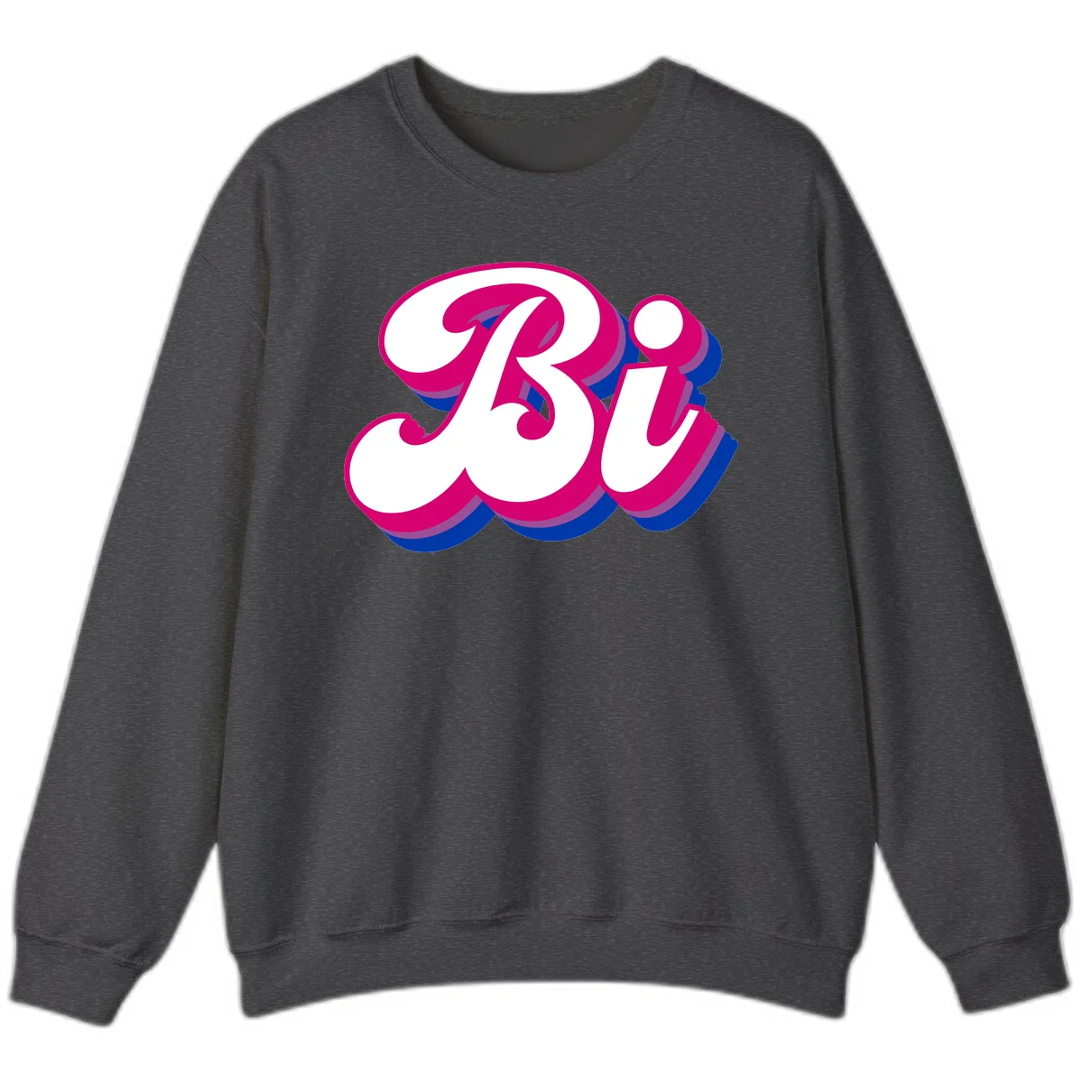 Bold pride dimensional letters design with hot pink, navy blue, and purple 3D layered typography effect in Dark Heather
