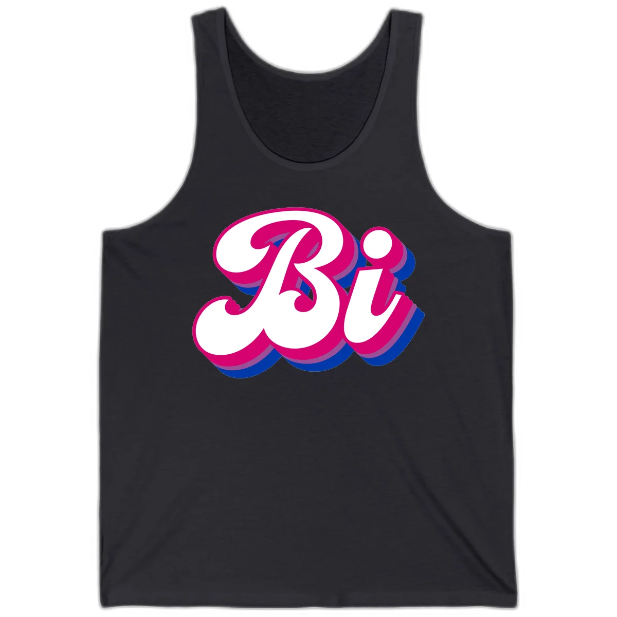 Bold pride dimensional letters design with hot pink, navy blue, and purple 3D layered typography effect in Dark Grey