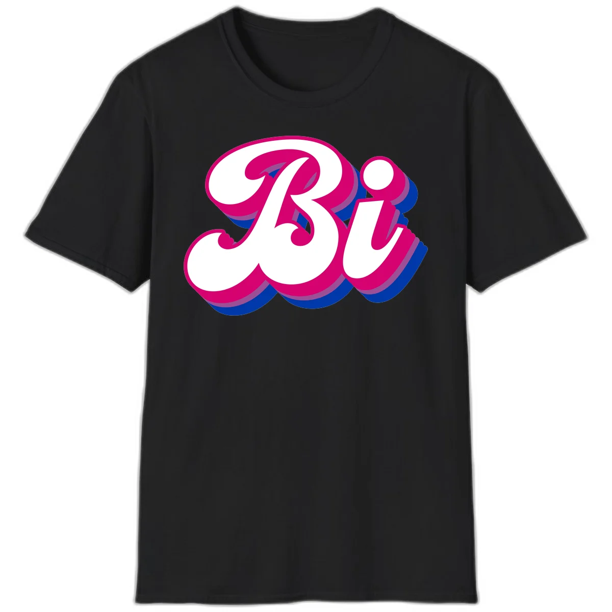 Bold pride dimensional letters design with hot pink, navy blue, and purple 3D layered typography effect in Black