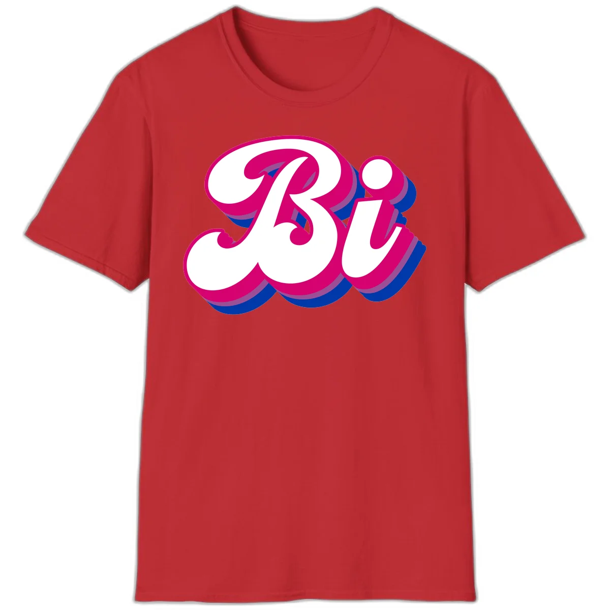 Bold pride dimensional letters design with hot pink, navy blue, and purple 3D layered typography effect in Red