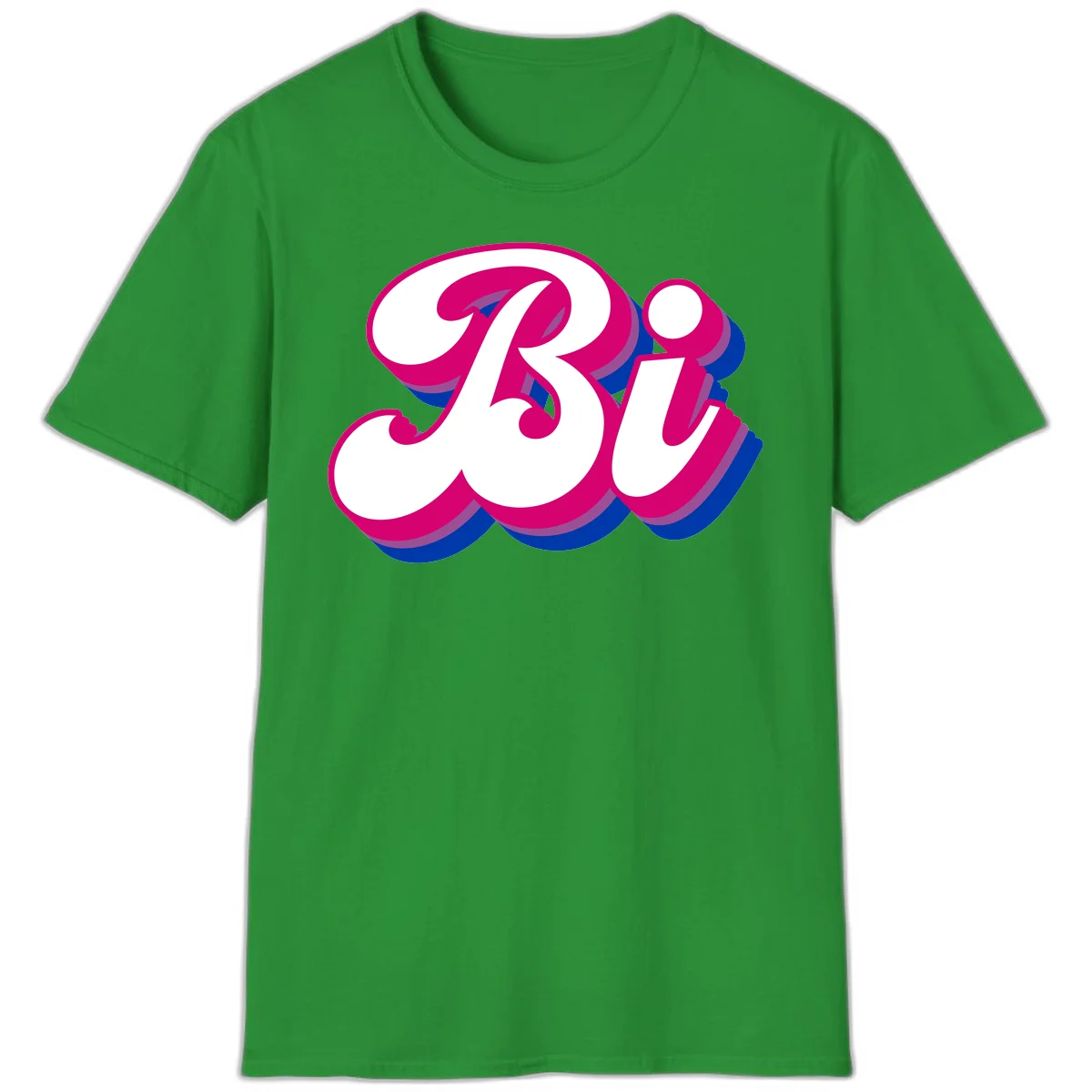 Bold pride dimensional letters design with hot pink, navy blue, and purple 3D layered typography effect in Irish Green