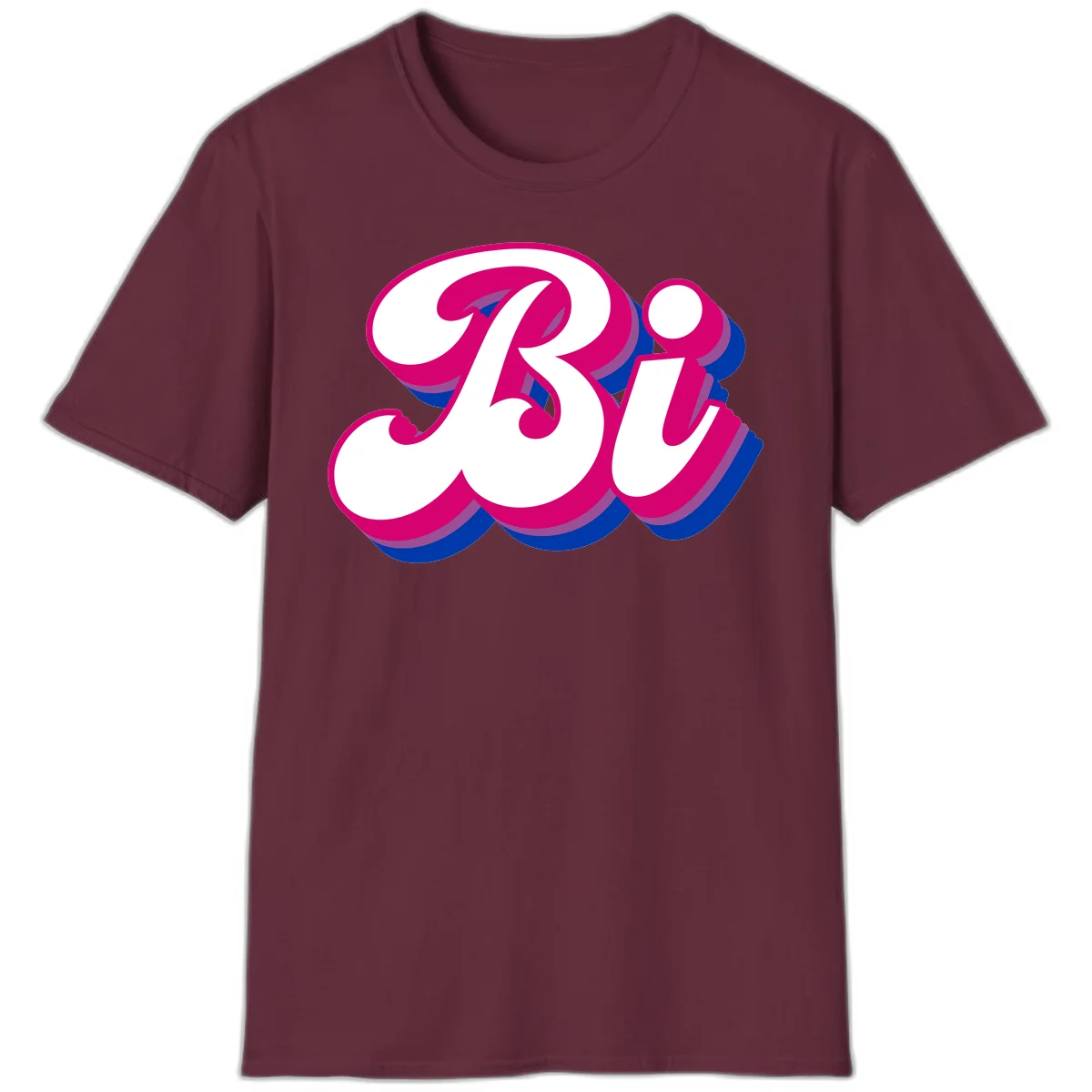 Bold pride dimensional letters design with hot pink, navy blue, and purple 3D layered typography effect in Maroon