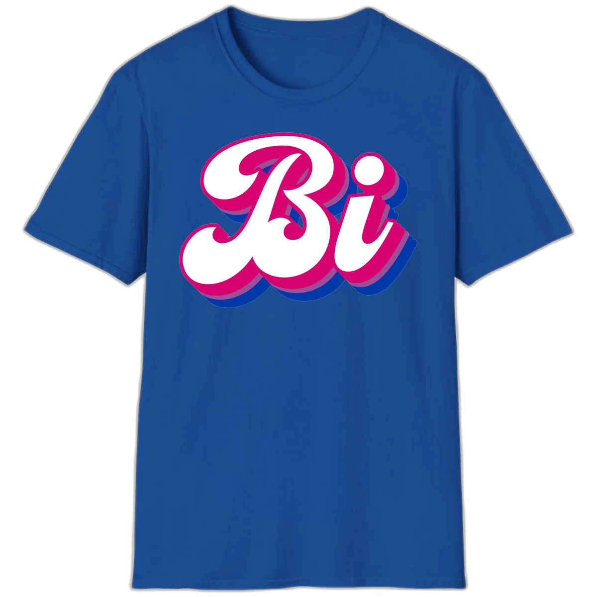 Bold pride dimensional letters design with hot pink, navy blue, and purple 3D layered typography effect in Royal