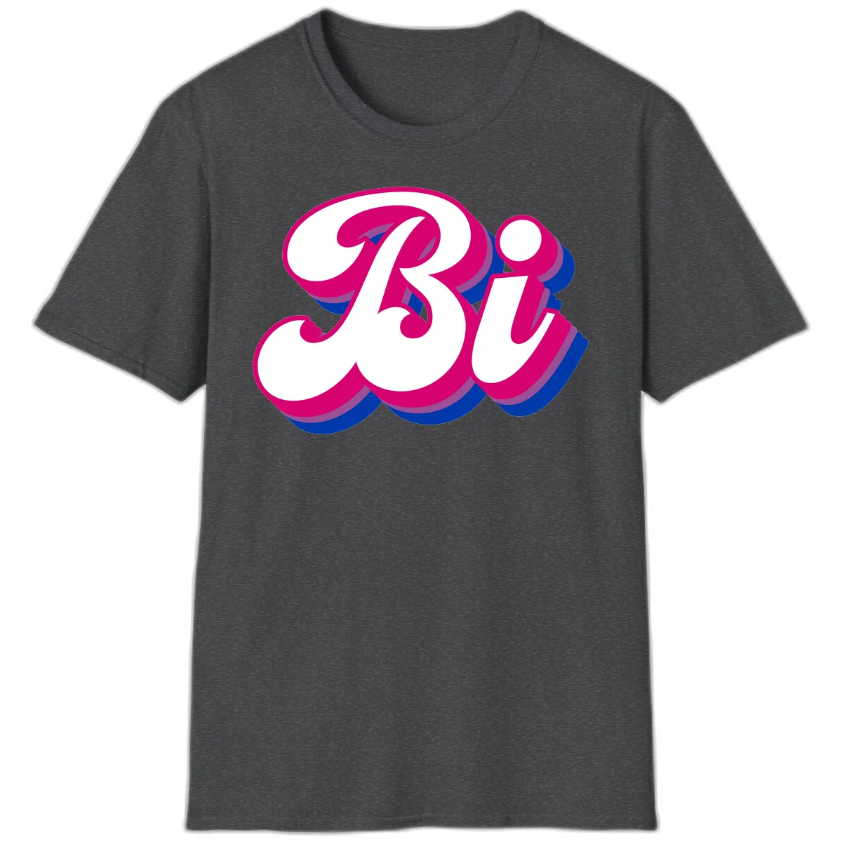 Bold pride dimensional letters design with hot pink, navy blue, and purple 3D layered typography effect in Dark Heather