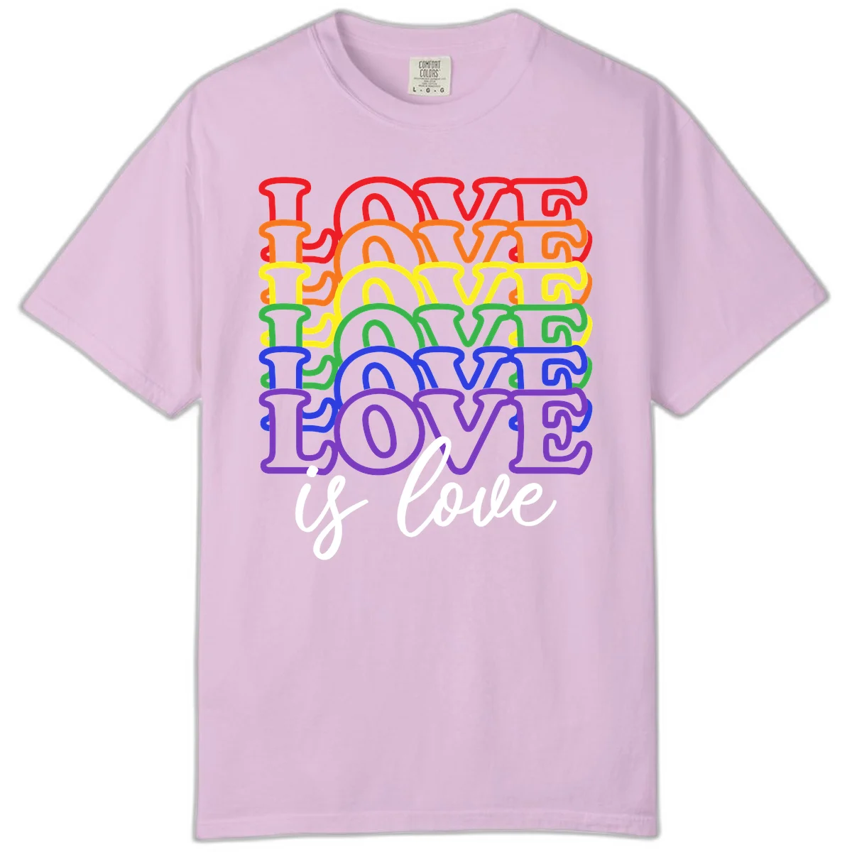 Love is love rainbow pride design with stacked colorful letters in red, orange, yellow, green, blue, and purple in Orchid