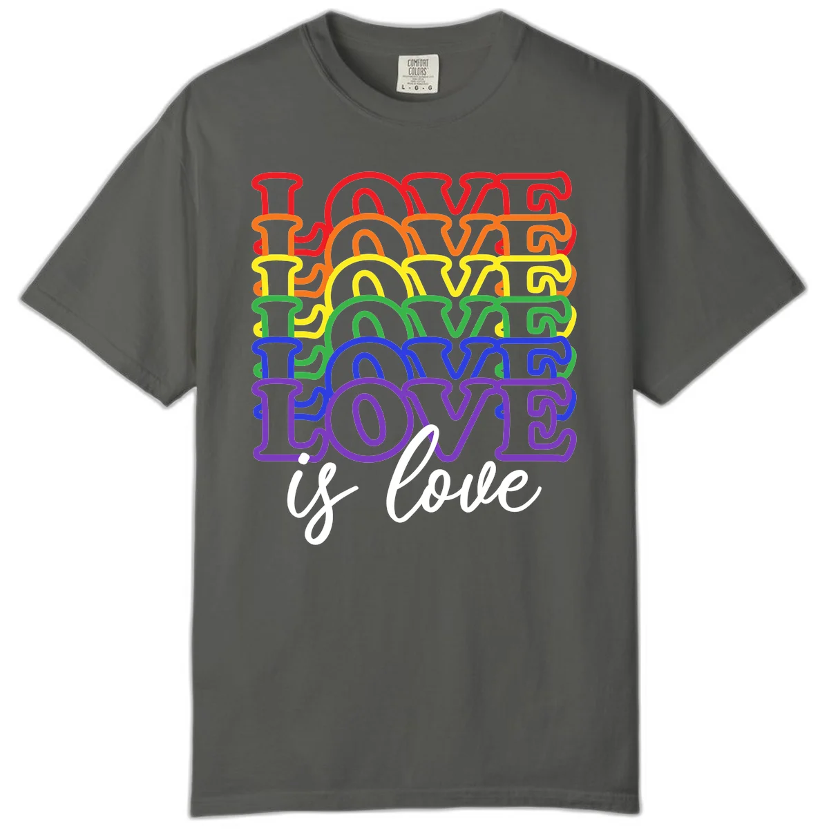 Love is love rainbow pride design with stacked colorful letters in red, orange, yellow, green, blue, and purple in Pepper