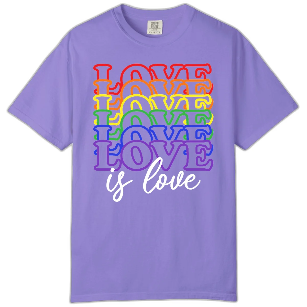 Love is love rainbow pride design with stacked colorful letters in red, orange, yellow, green, blue, and purple in Violet