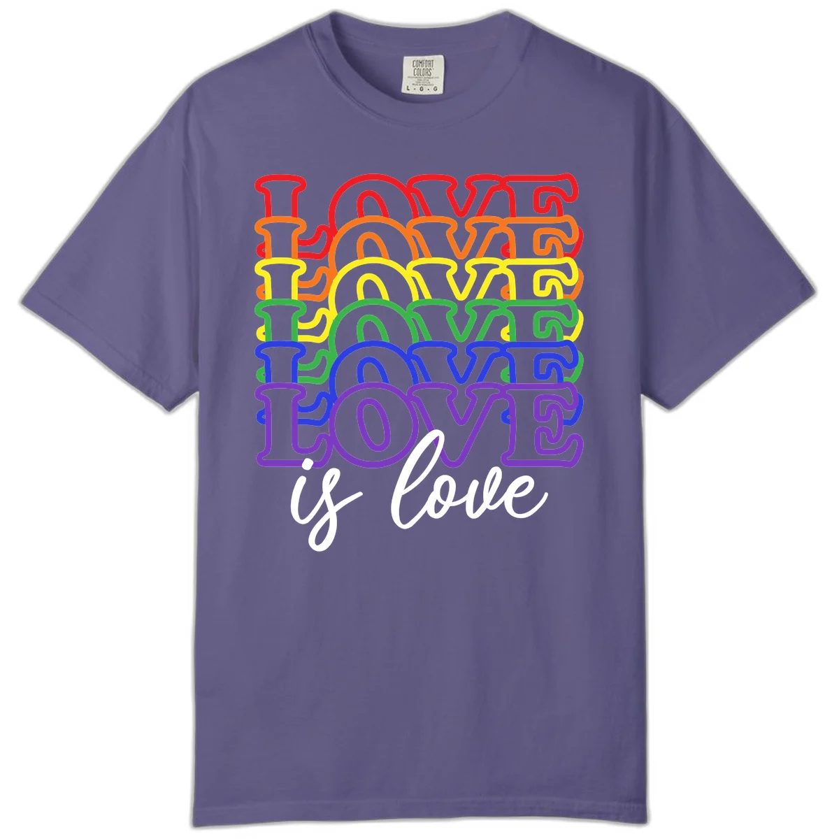 Love is love rainbow pride design with stacked colorful letters in red, orange, yellow, green, blue, and purple in Grape