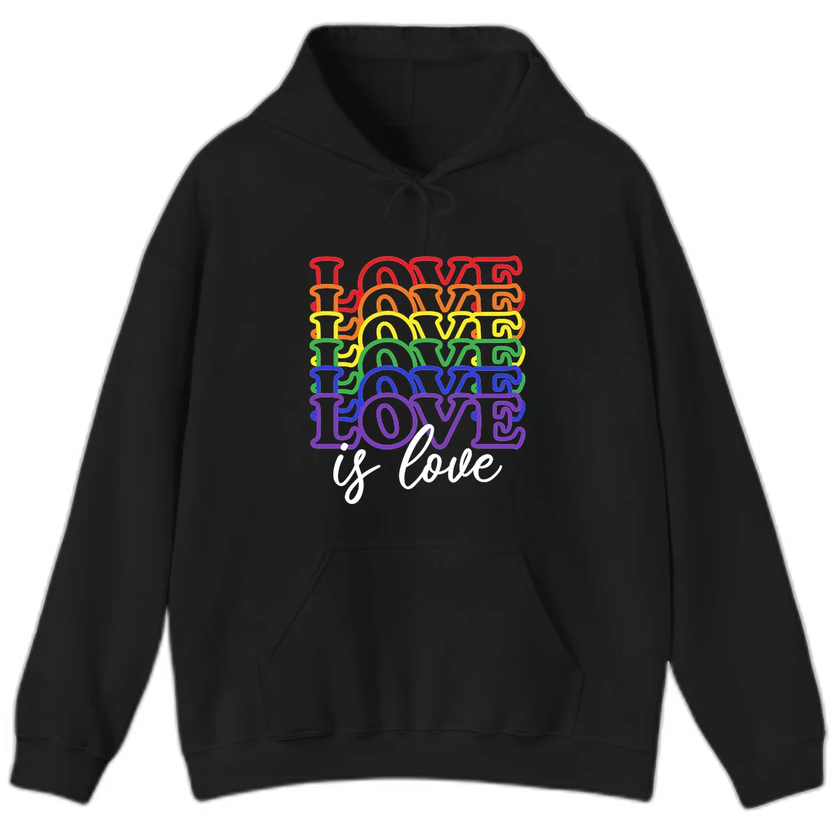 Love is love rainbow pride design with stacked colorful letters in red, orange, yellow, green, blue, and purple in Black