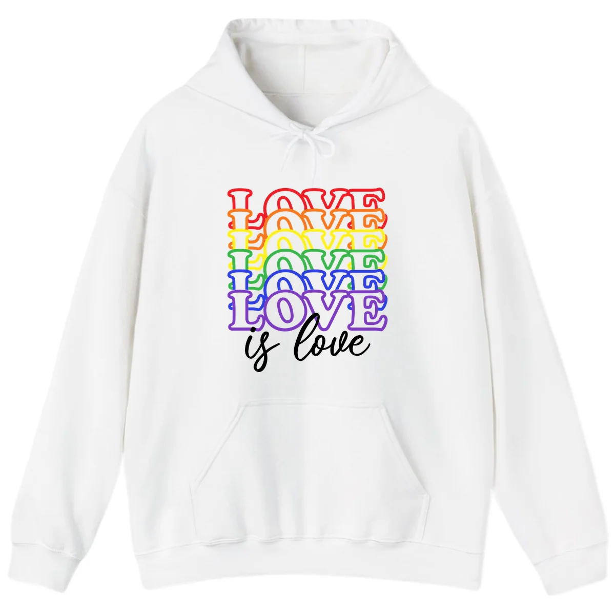 Love is love rainbow pride design with stacked colorful letters in red, orange, yellow, green, blue, and purple in White