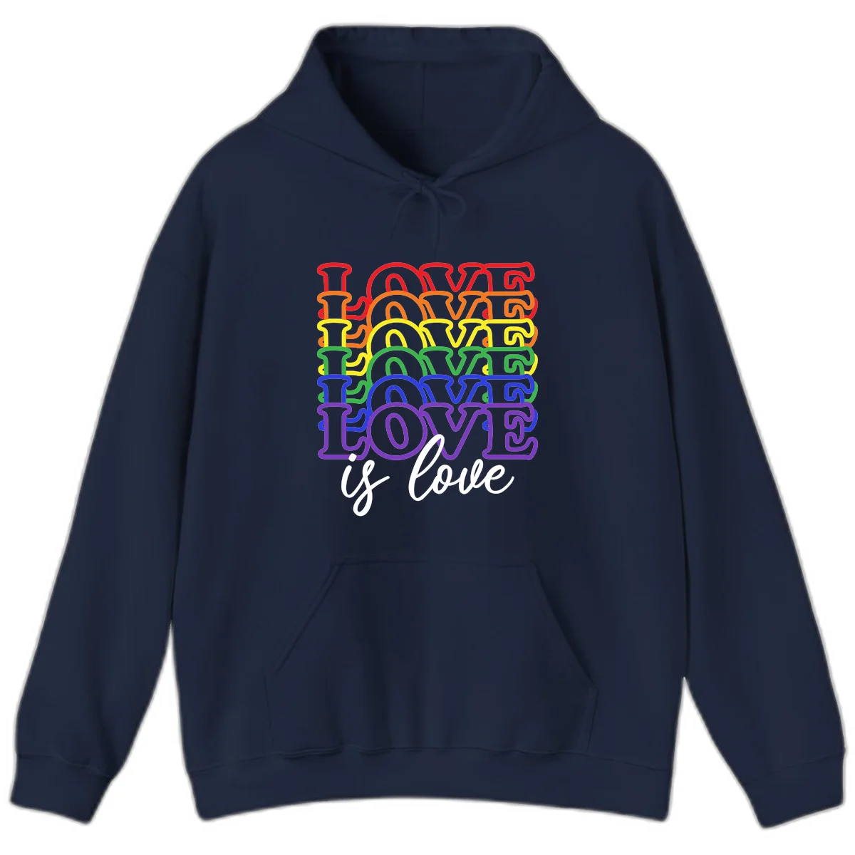 Love is love rainbow pride design with stacked colorful letters in red, orange, yellow, green, blue, and purple in Navy
