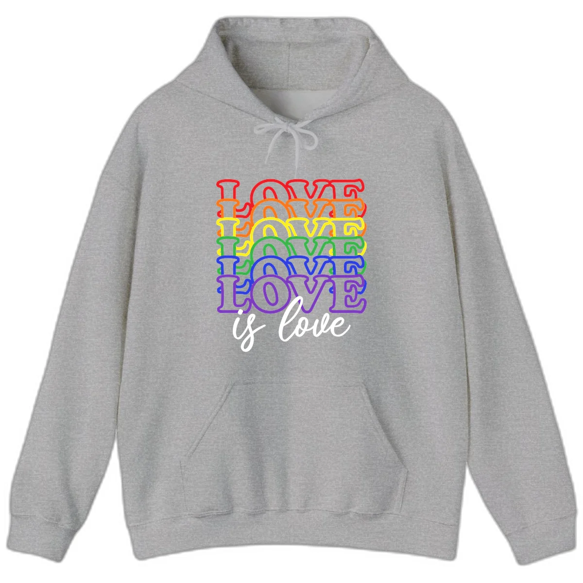 Love is love rainbow pride design with stacked colorful letters in red, orange, yellow, green, blue, and purple in Sport Grey