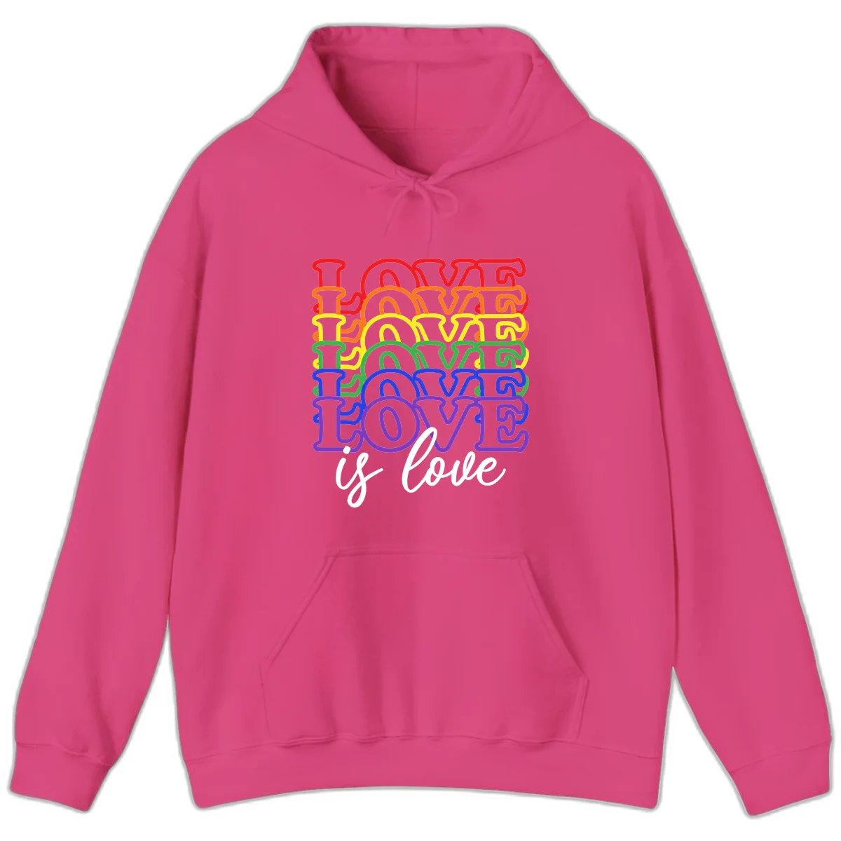 Love is love rainbow pride design with stacked colorful letters in red, orange, yellow, green, blue, and purple in Heliconia