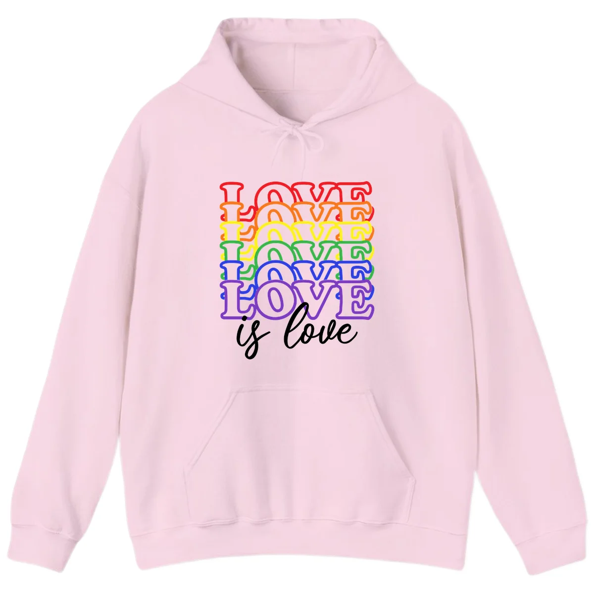 Love is love rainbow pride design with stacked colorful letters in red, orange, yellow, green, blue, and purple in Light Pink