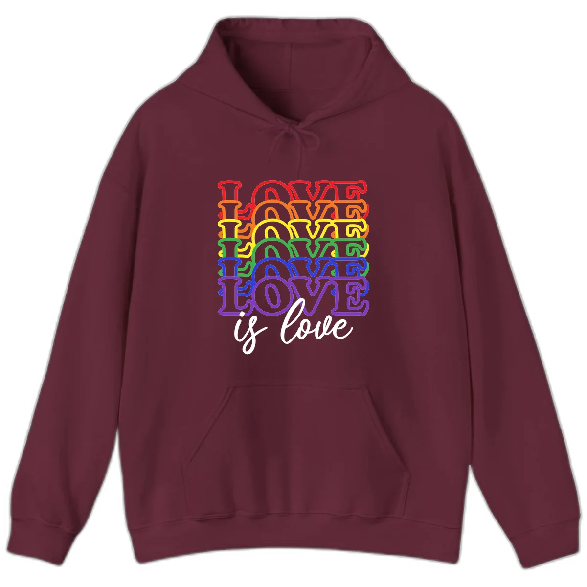 Love is love rainbow pride design with stacked colorful letters in red, orange, yellow, green, blue, and purple in Maroon
