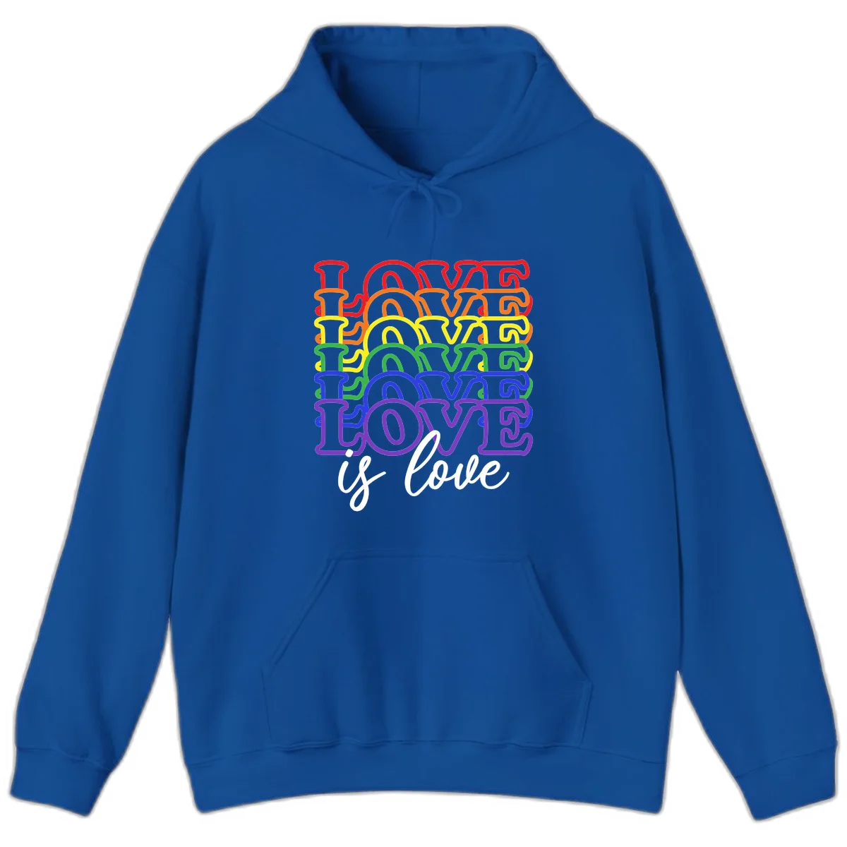Love is love rainbow pride design with stacked colorful letters in red, orange, yellow, green, blue, and purple in Royal