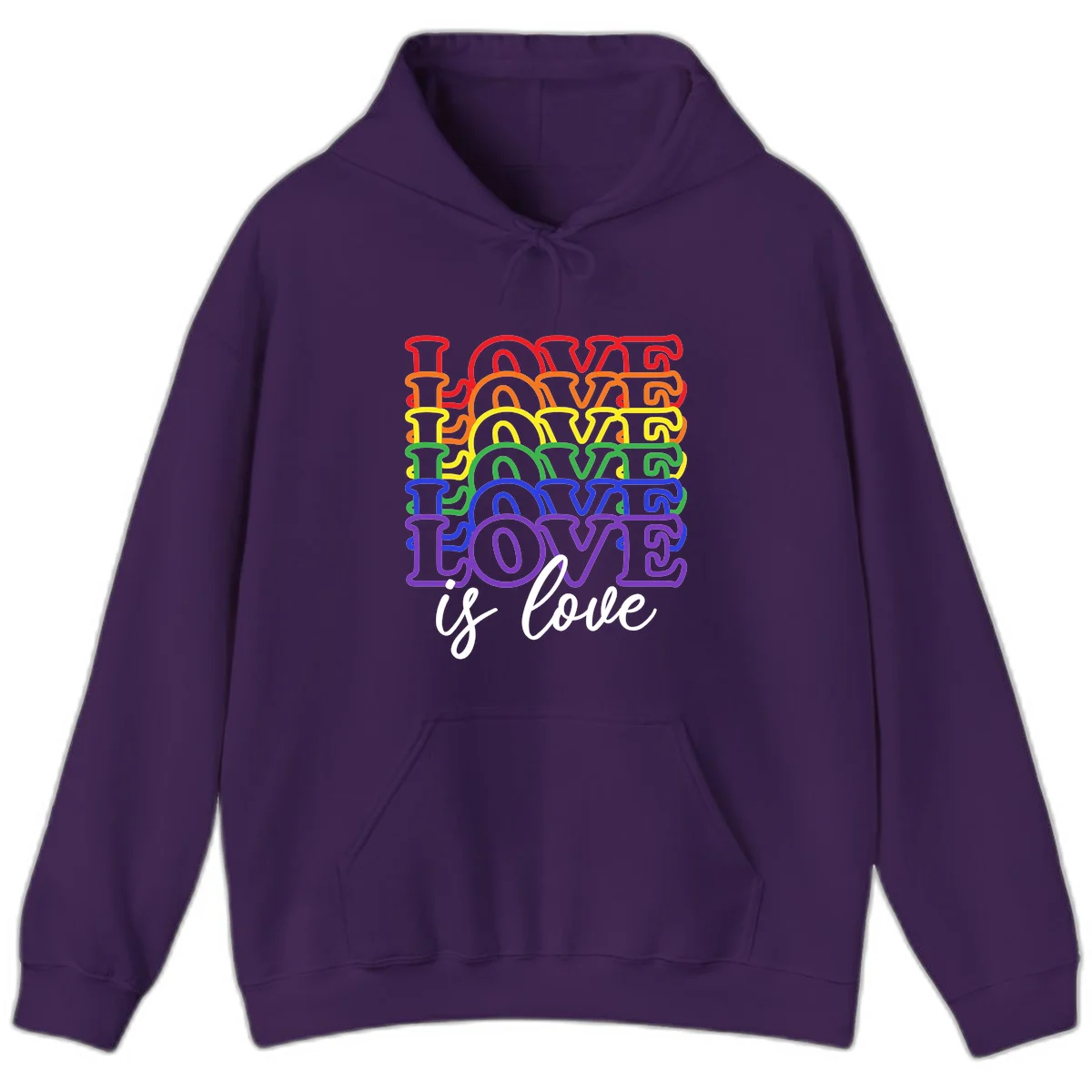 Love is love rainbow pride design with stacked colorful letters in red, orange, yellow, green, blue, and purple in Purple