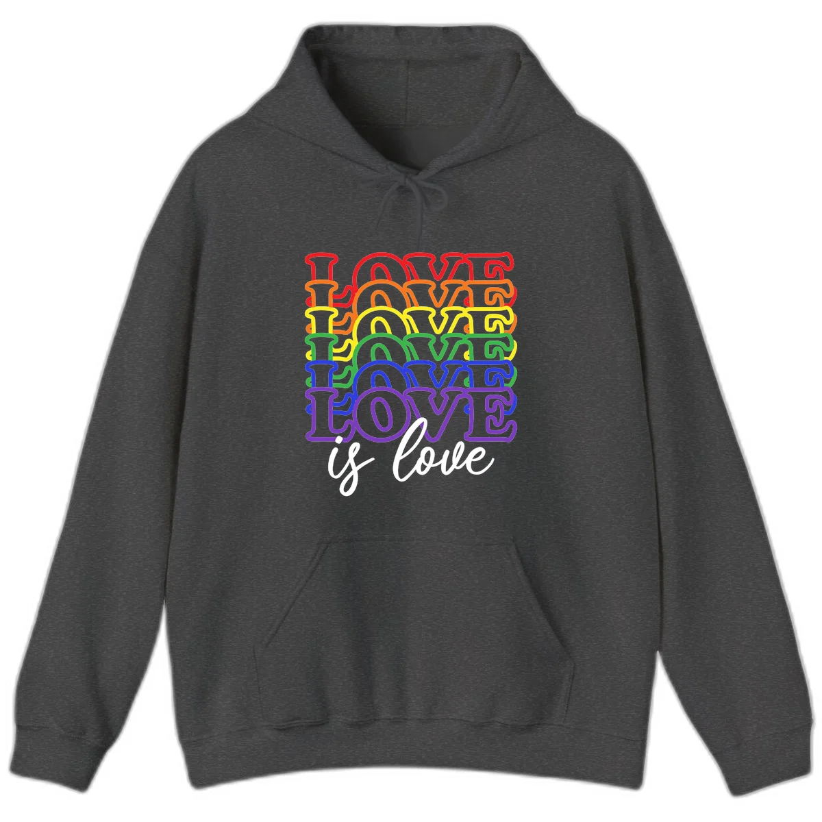 Love is love rainbow pride design with stacked colorful letters in red, orange, yellow, green, blue, and purple in Dark Heather