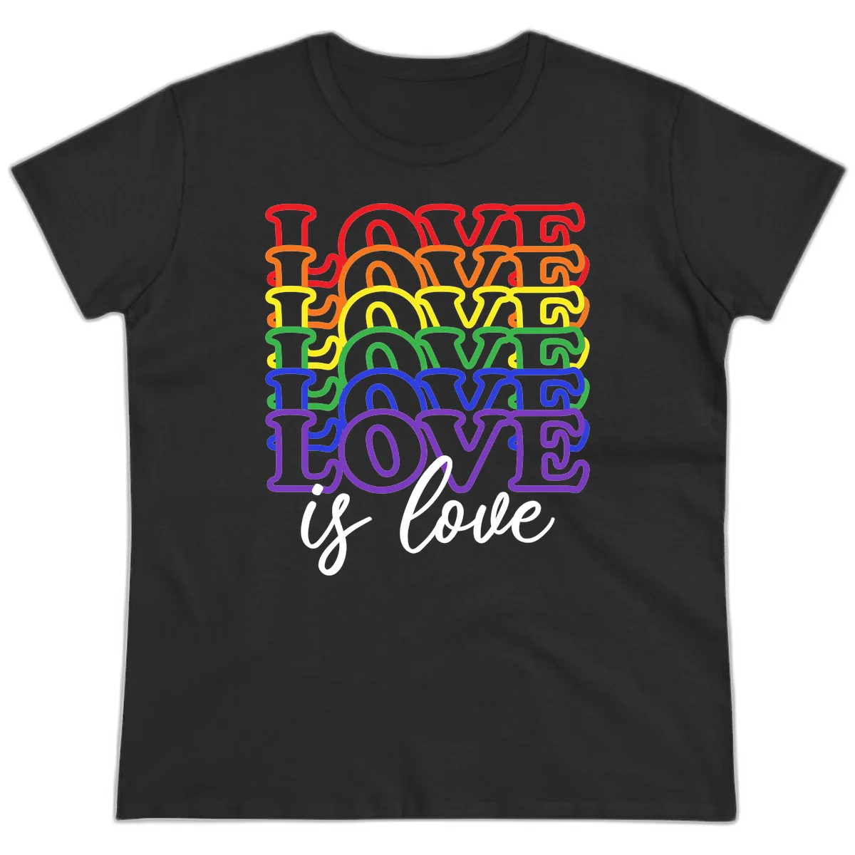 Love is love rainbow pride design with stacked colorful letters in red, orange, yellow, green, blue, and purple in Black