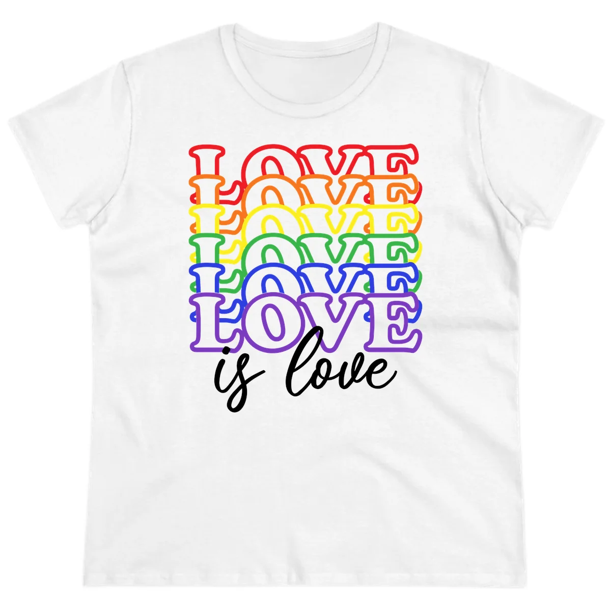 Love is love rainbow pride design with stacked colorful letters in red, orange, yellow, green, blue, and purple in White