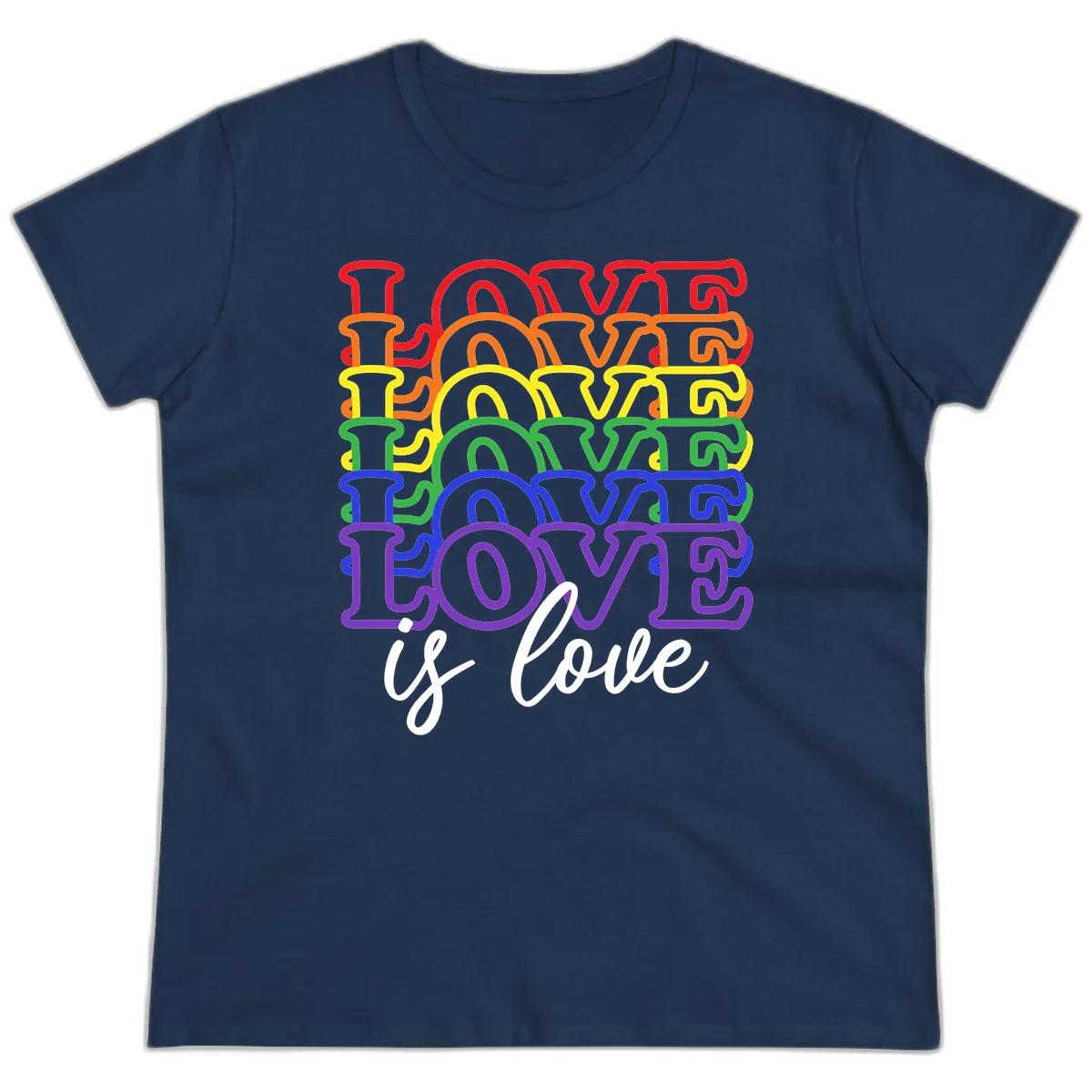Love is love rainbow pride design with stacked colorful letters in red, orange, yellow, green, blue, and purple in Navy