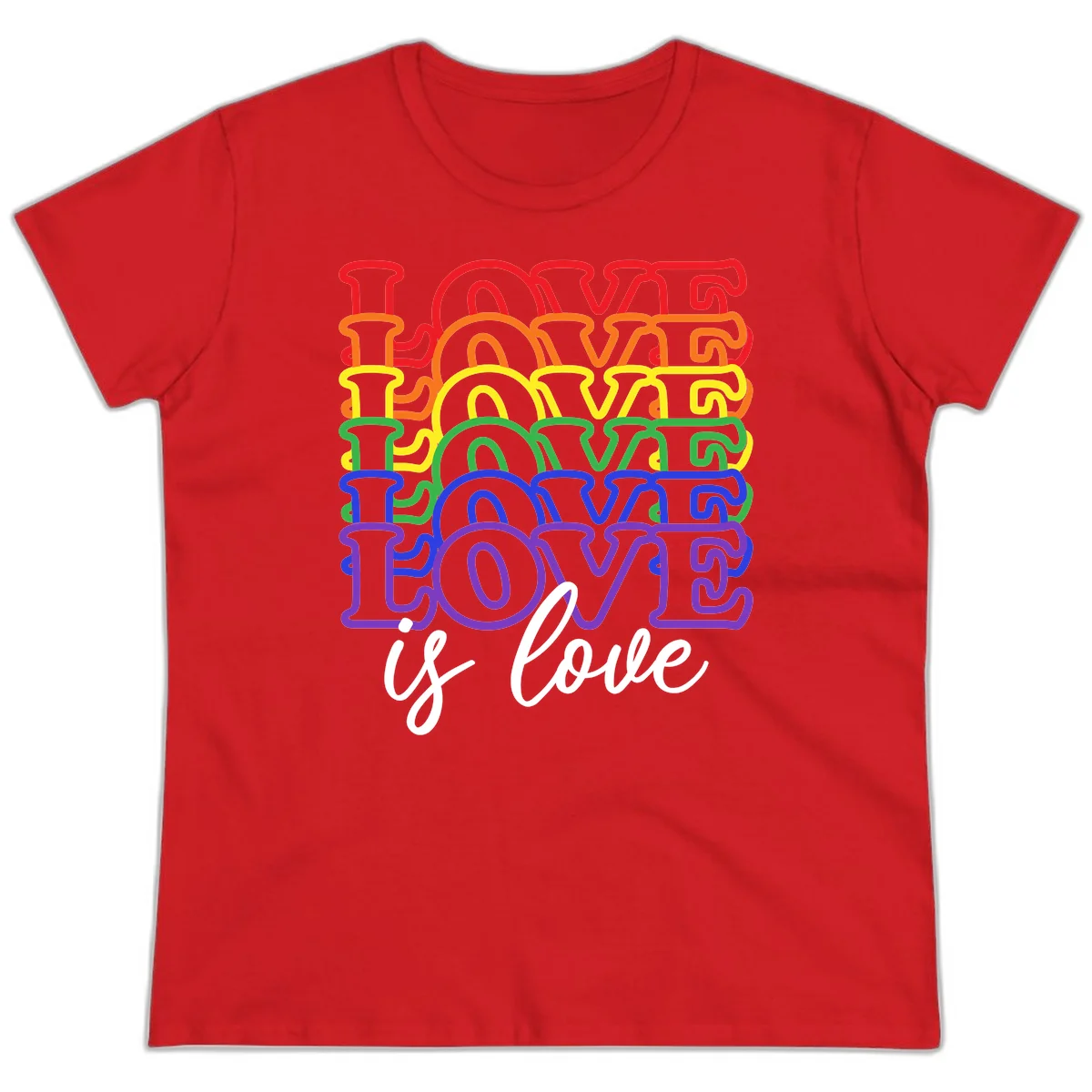 Love is love rainbow pride design with stacked colorful letters in red, orange, yellow, green, blue, and purple in Red