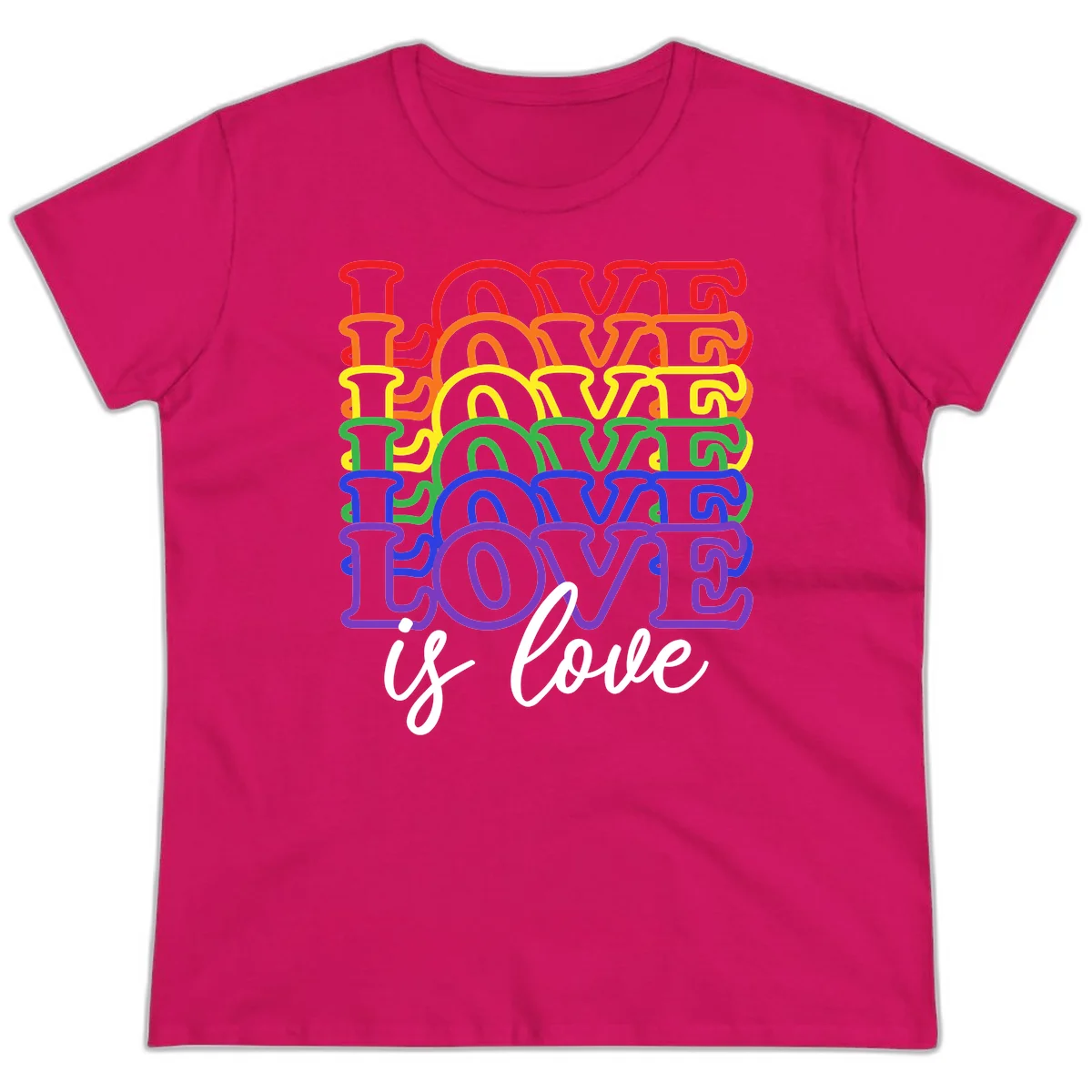 Love is love rainbow pride design with stacked colorful letters in red, orange, yellow, green, blue, and purple in Heliconia