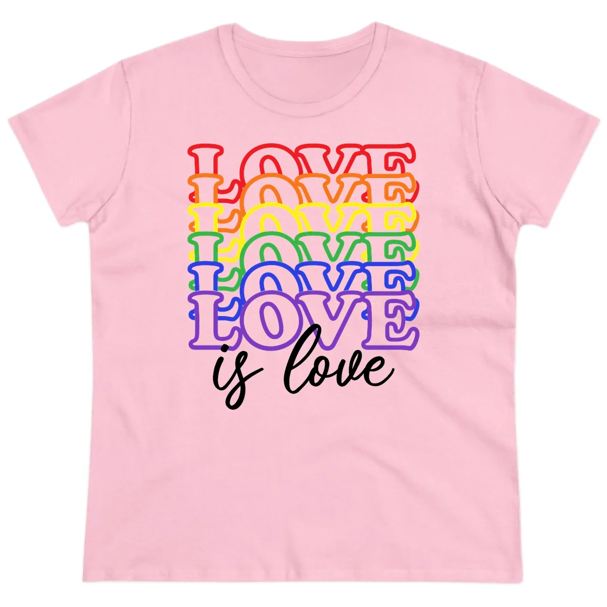 Love is love rainbow pride design with stacked colorful letters in red, orange, yellow, green, blue, and purple in Light Pink