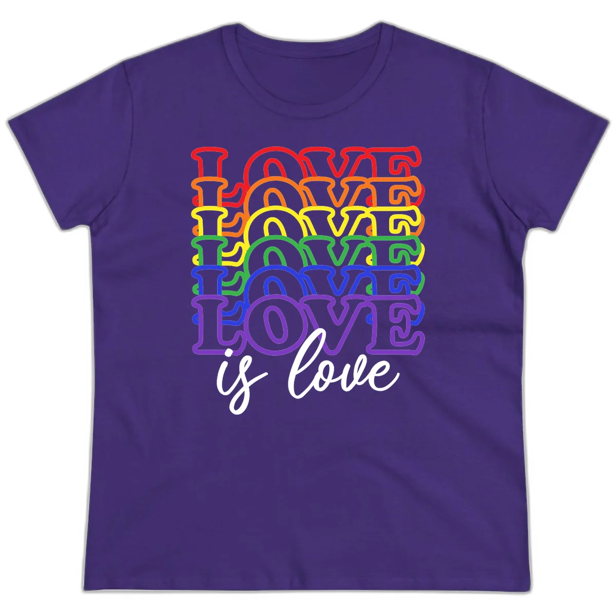 Love is love rainbow pride design with stacked colorful letters in red, orange, yellow, green, blue, and purple in Purple