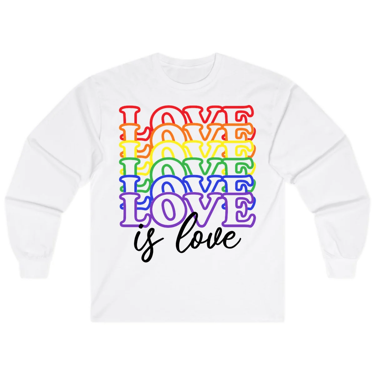 Love is love rainbow pride design with stacked colorful letters in red, orange, yellow, green, blue, and purple in White
