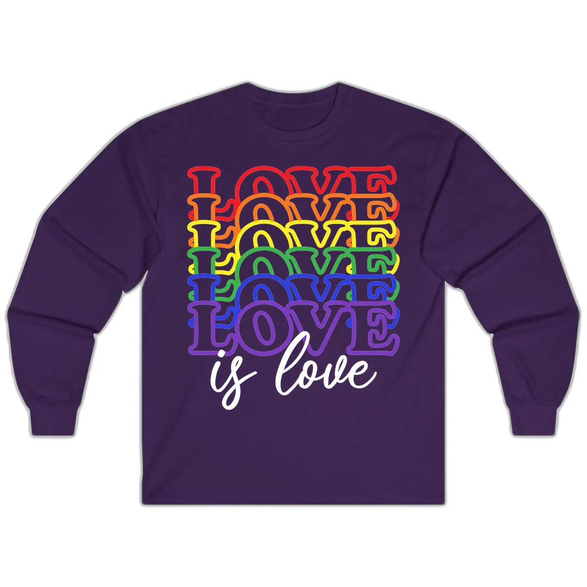 Love is love rainbow pride design with stacked colorful letters in red, orange, yellow, green, blue, and purple in Purple