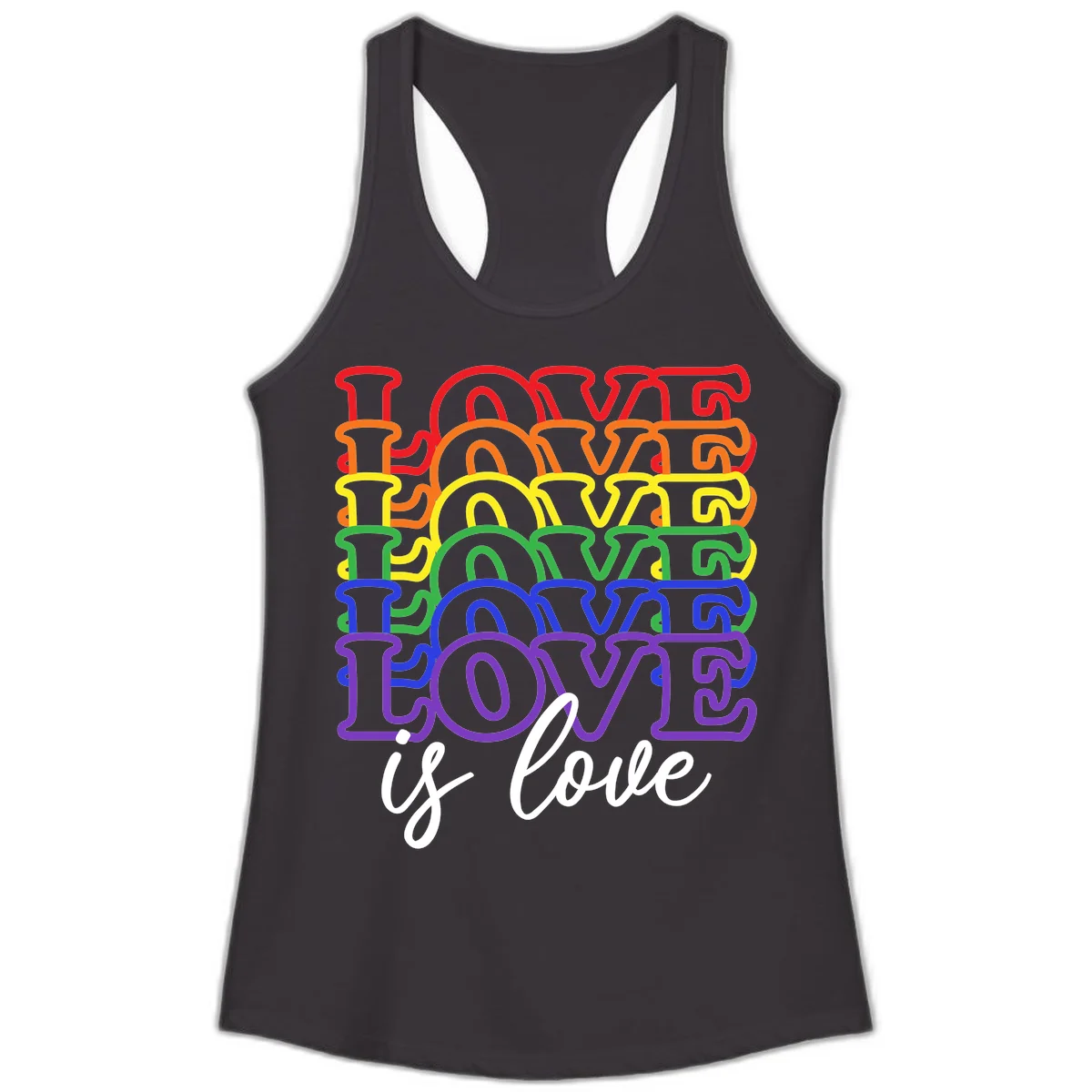 Love is love rainbow pride design with stacked colorful letters in red, orange, yellow, green, blue, and purple in Black