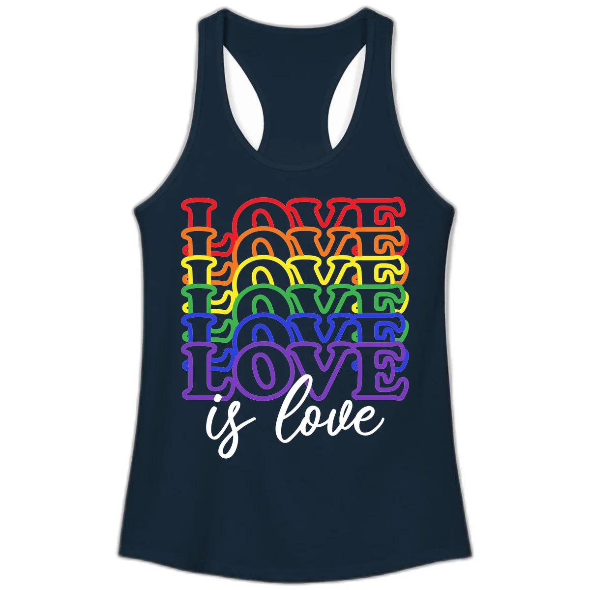 Love is love rainbow pride design with stacked colorful letters in red, orange, yellow, green, blue, and purple in Solid Midnight Navy