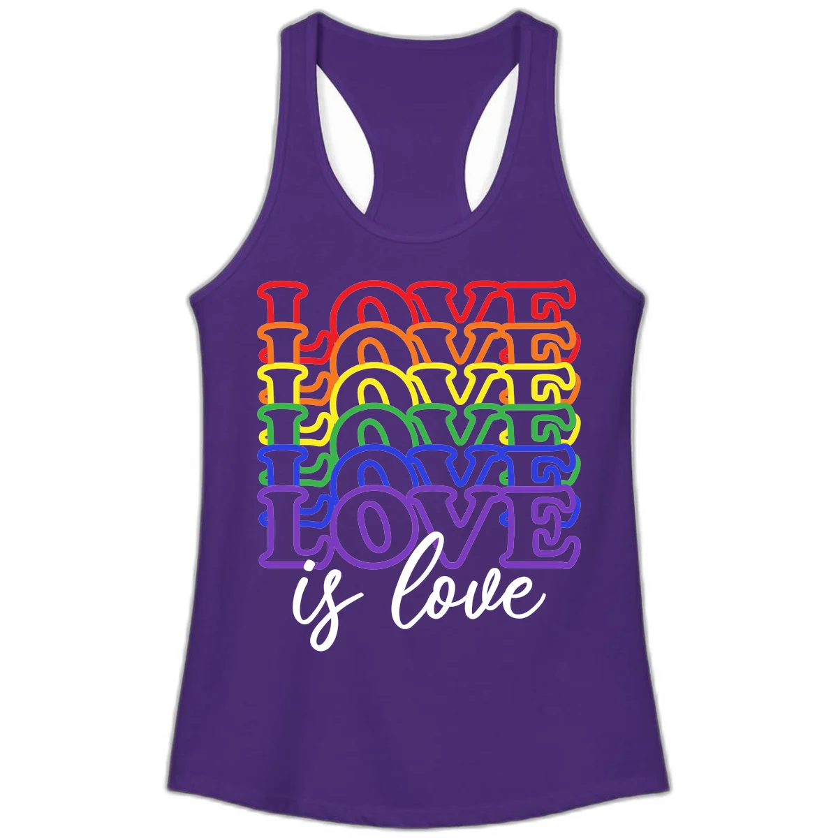 Love is love rainbow pride design with stacked colorful letters in red, orange, yellow, green, blue, and purple in Solid Purple Rush