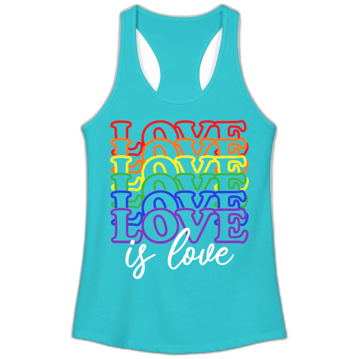 Love is love rainbow pride design with stacked colorful letters in red, orange, yellow, green, blue, and purple in Solid Tahiti Blue
