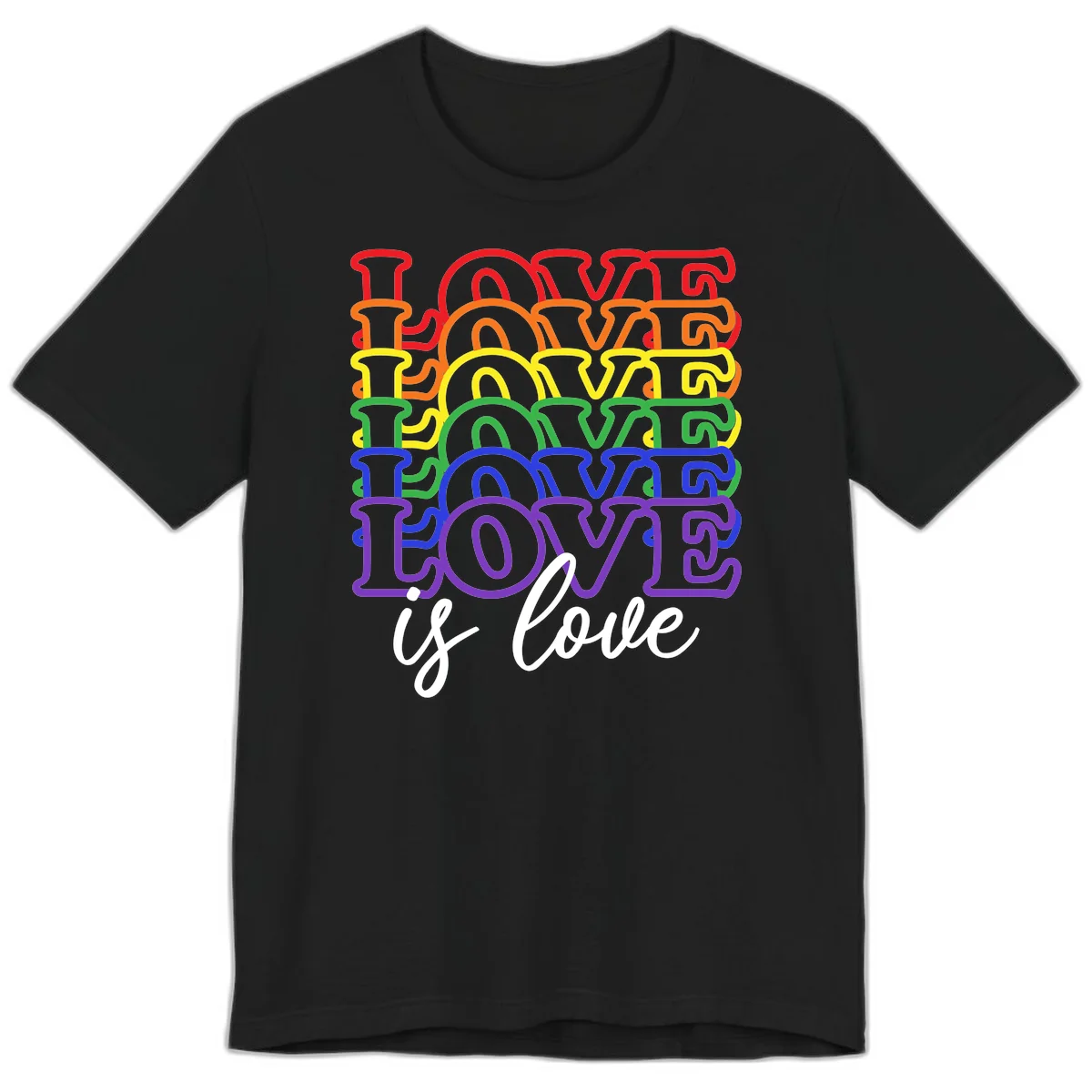 Love is love rainbow pride design with stacked colorful letters in red, orange, yellow, green, blue, and purple in Black