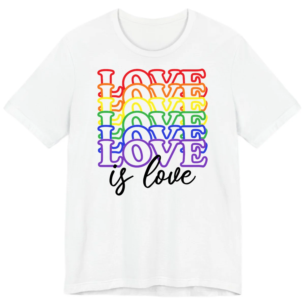 Love is love rainbow pride design with stacked colorful letters in red, orange, yellow, green, blue, and purple in White