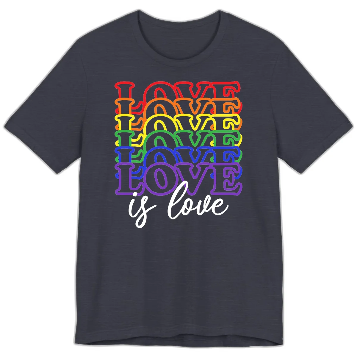 Love is love rainbow pride design with stacked colorful letters in red, orange, yellow, green, blue, and purple in Heather Midnight Navy