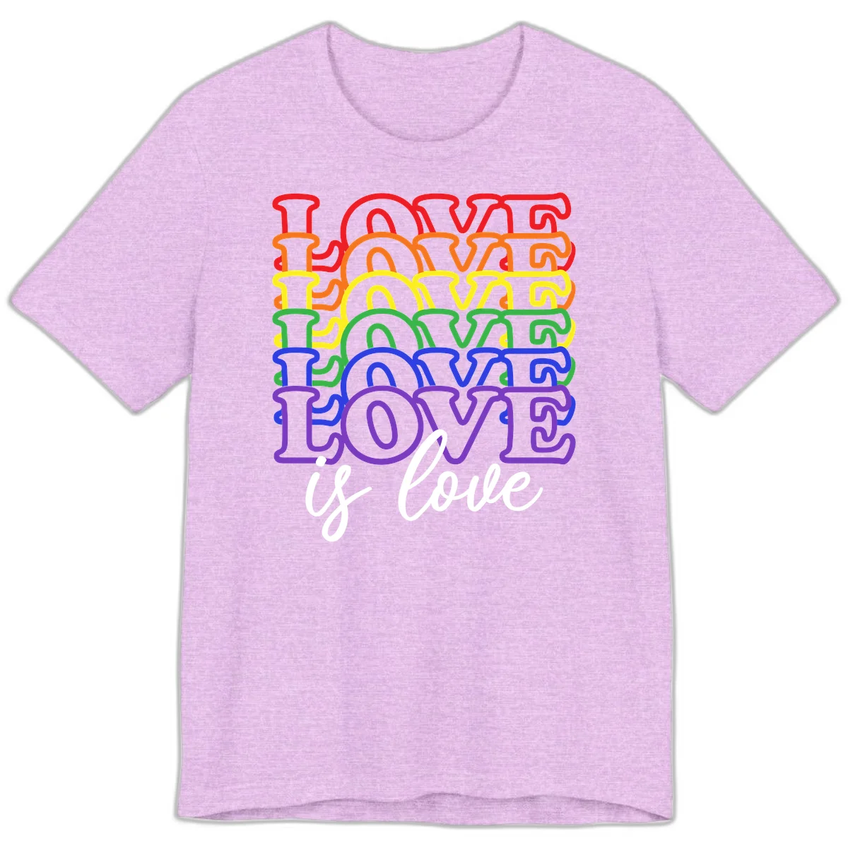 Love is love rainbow pride design with stacked colorful letters in red, orange, yellow, green, blue, and purple in Heather Prism Lilac