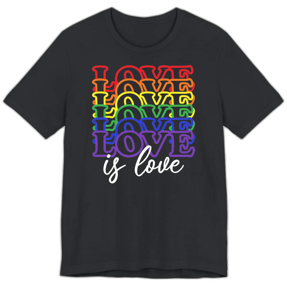 Love is love rainbow pride design with stacked colorful letters in red, orange, yellow, green, blue, and purple in Vintage Black