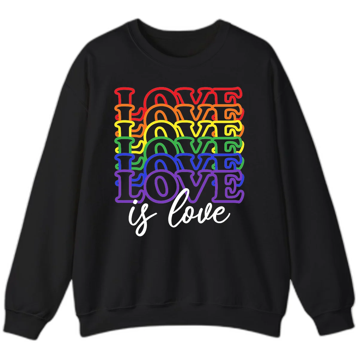 Love is love rainbow pride design with stacked colorful letters in red, orange, yellow, green, blue, and purple in Black