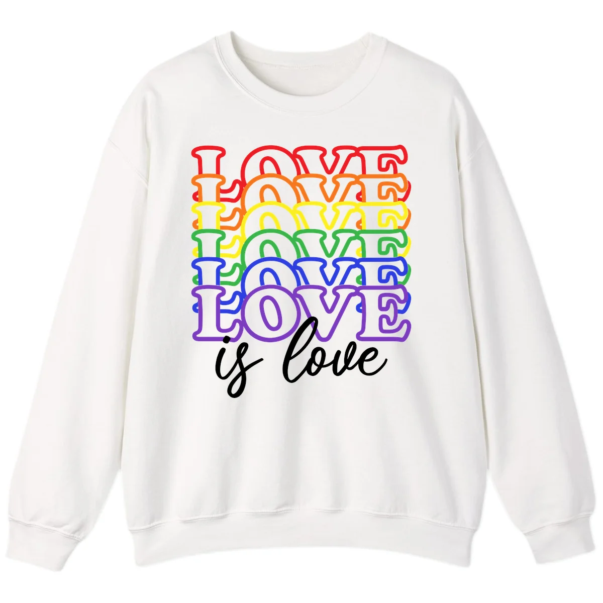 Love is love rainbow pride design with stacked colorful letters in red, orange, yellow, green, blue, and purple in White