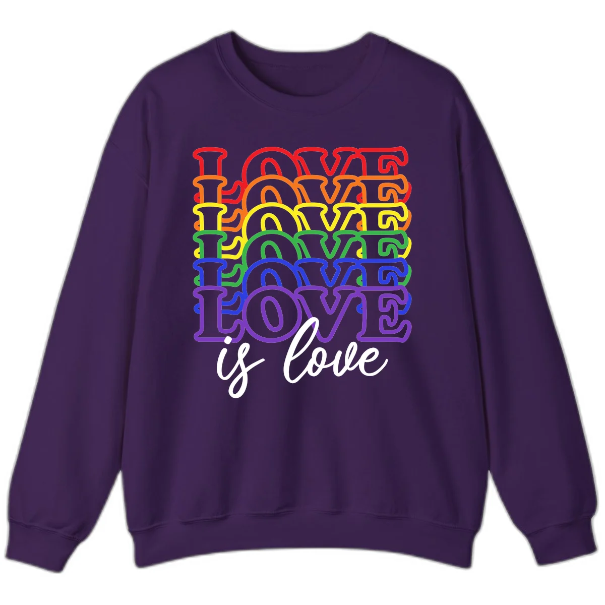 Love is love rainbow pride design with stacked colorful letters in red, orange, yellow, green, blue, and purple in Purple